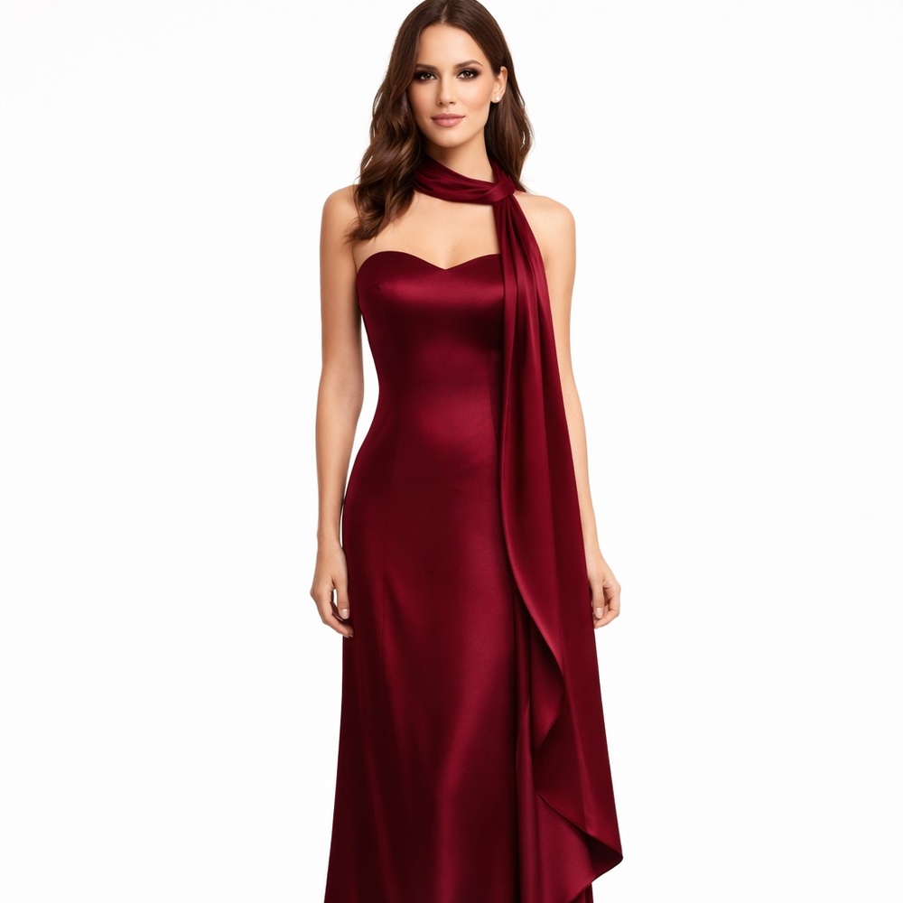 CHAU HY Elegant Strapless Dress with Neck Tie – Red